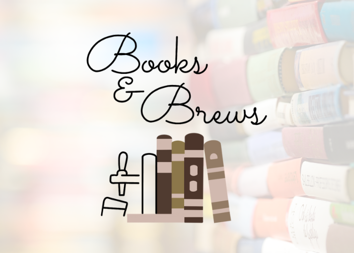 image of a stack of books leaning against a beer tap. the words "books & brews" appear above the image.