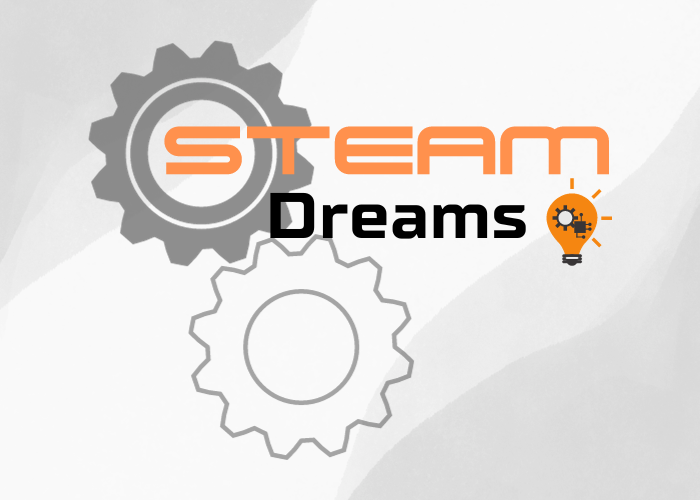 the words "steam dreams" are positioned over two grey gears. a lightbulb is positioned on the right side of the image.