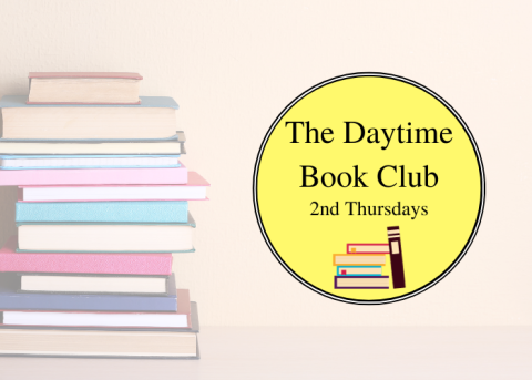 on the left side is a stack of books. on the right side is a yellow circle with the words "the daytime book club" and a small image of the stack of books.