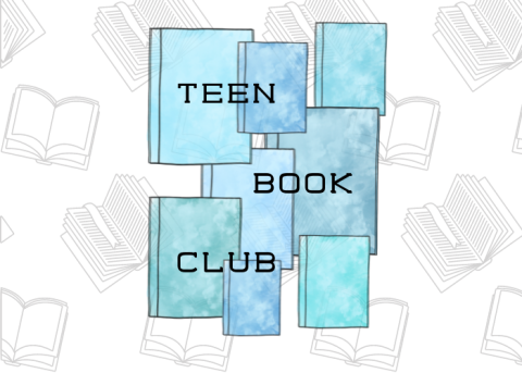 a set of blue book covers face outwards. the words "teen book club" are positioned over the books. the background includes faint images of open books.