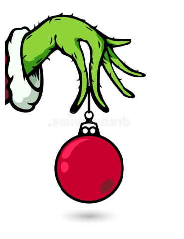 the Grinch's hand, holding a red Christmas ornament