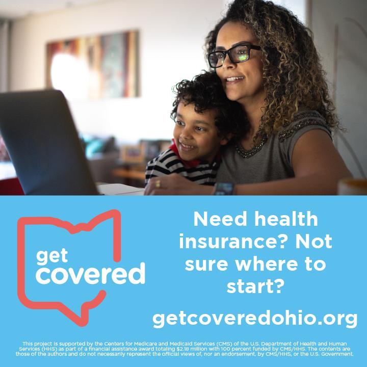 a woman and a child sit close together, reading a computer screen. image text reads: need health insurance? not sure where to start? getcoveredohio.org